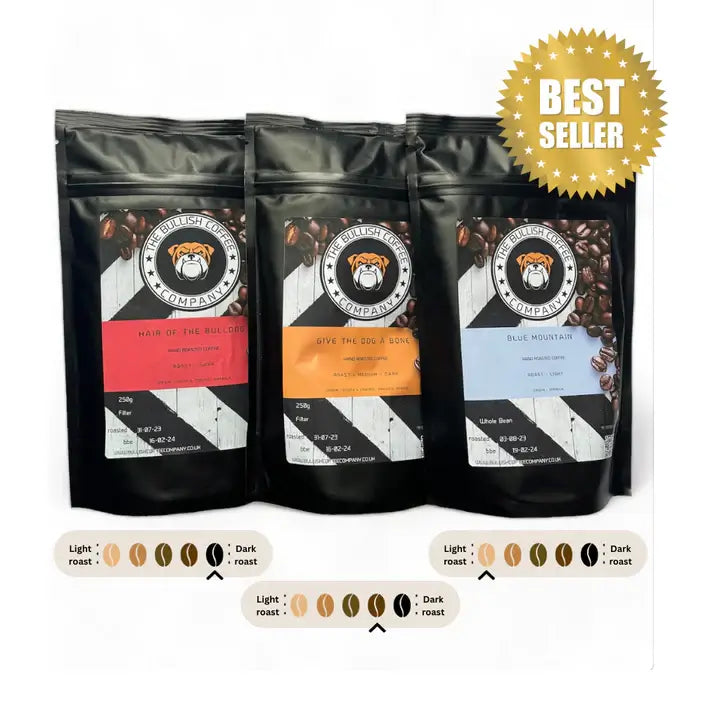 Image shows the bestselling dark roast coffee bundle - three bags of Bullish Coffee: Hair of the Dog, Give the Dog a Bone and Blue Mountain on a white backdrop.