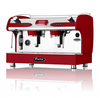 Image shows a red coffee machine on a white backdrop